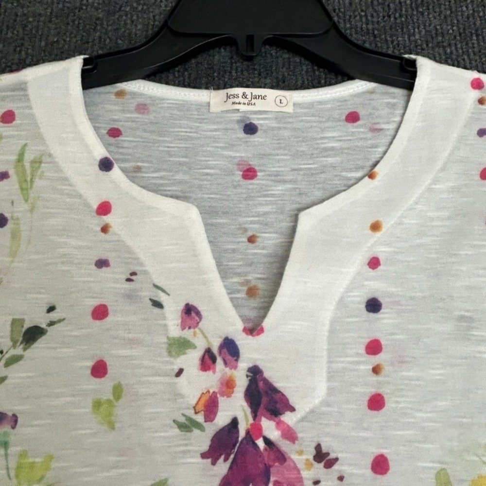 Jess & Jane Women's Large Floral Tunic Top 3/4 Sleeves Colorful Garden Artsy - Picture 2 of 9